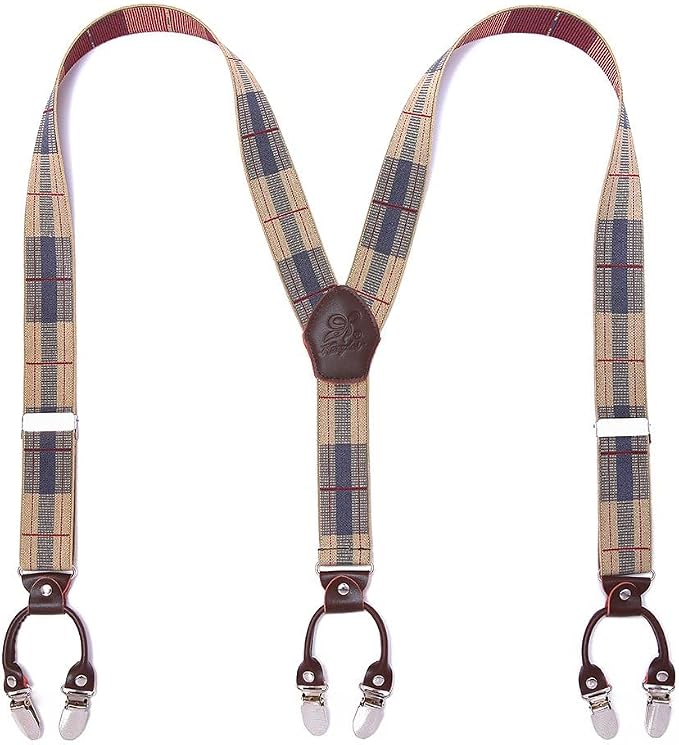 Men’s Checked Y-Back Braces – Adjustable Six-Clip Suspenders for Smart and Formal Styling