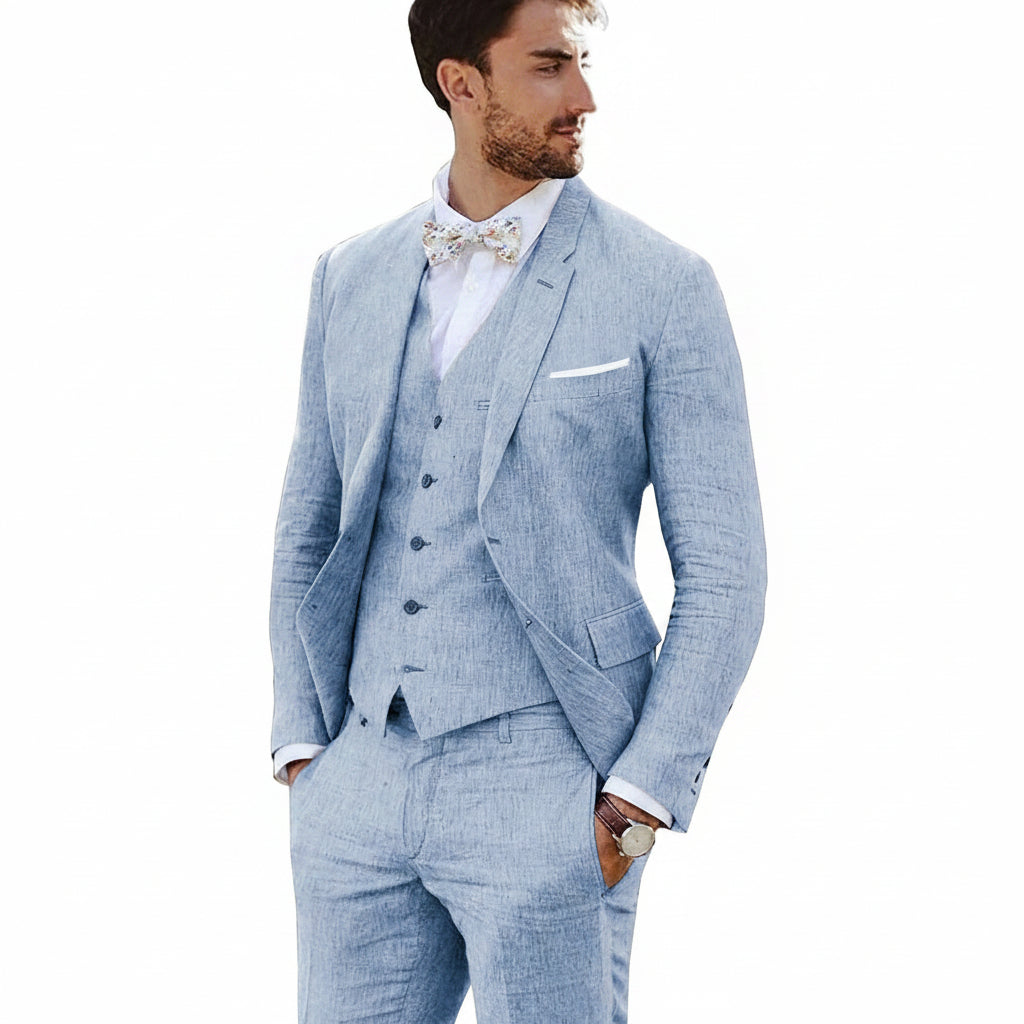 Ensemble de costume en lin ajusté pour homme – Style slim trois pièces pour mariages et événements formels