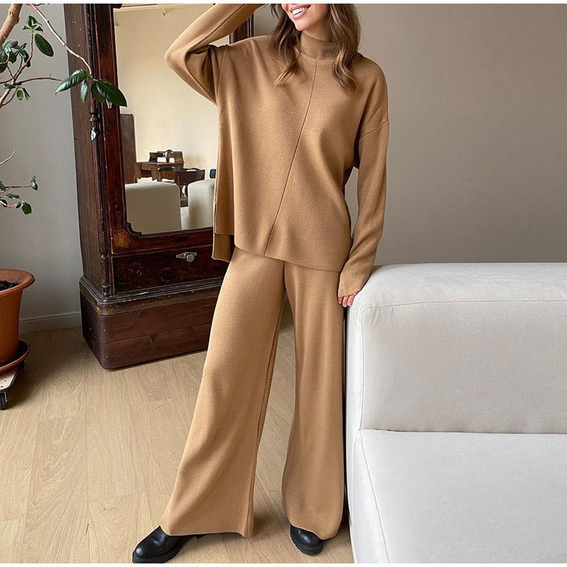 Dameszachte gebreide tweedelige loungewearset – Ontspannen coltrui en wijde broek voor herfst en winter
