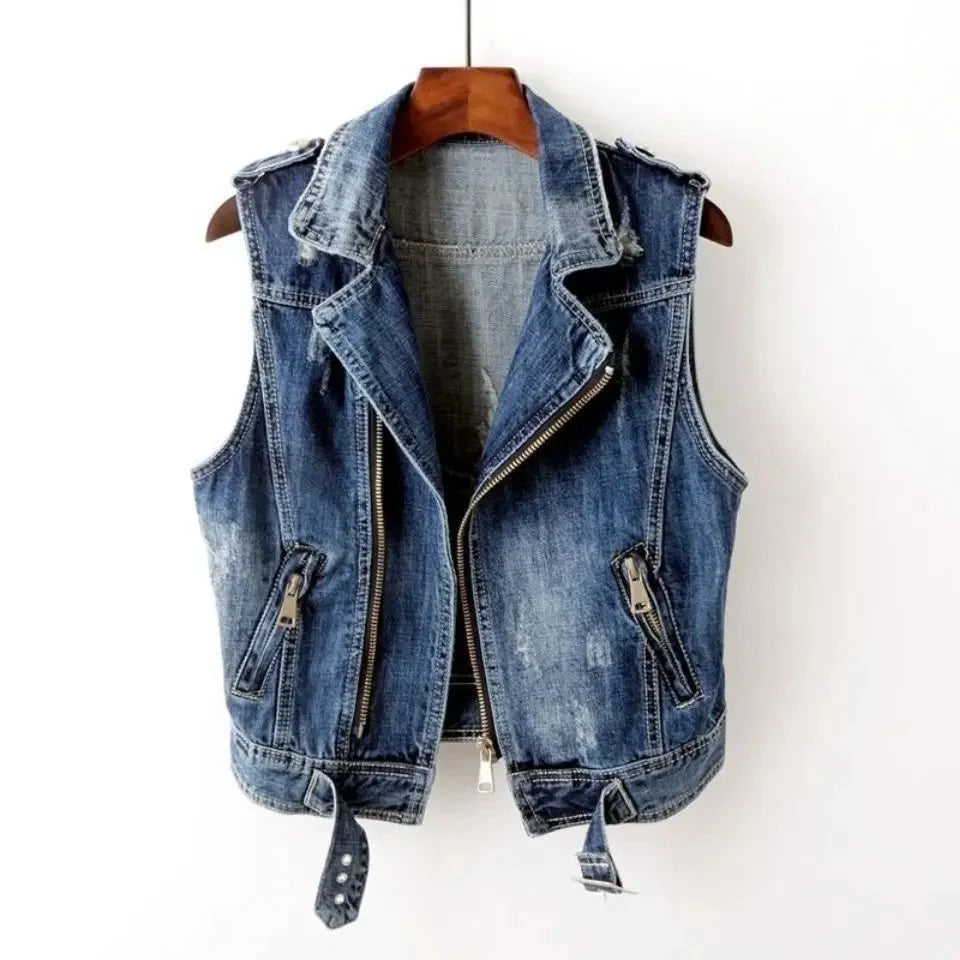 Gilet de motard en denim de coton pour homme – couche sans manches effet usé avec fermeture éclair asymétrique et ceinture réglable