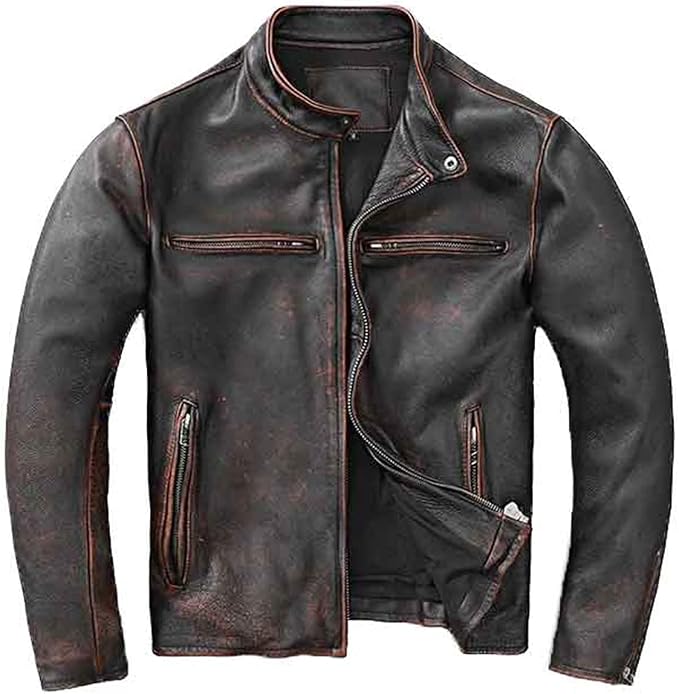Ανδρικό biker μπουφάν μοτοσικλέτας από distressed γνήσιο δέρμα - vintage racer σχέδιο με φερμουάρ, κουμπωτό όρθιο γιακά και πολλαπλές πρακτικές τσέπες για φθινοπωρινό streetwear, σαββατοκύριακα, ταξίδια και καθημερινές urban εμφανίσεις