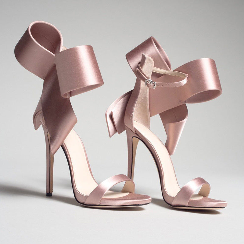 Women’s Oversized Bow Stiletto Sandals – Satin Ankle-Strap High Heels for Weddings Parties and Evening Events