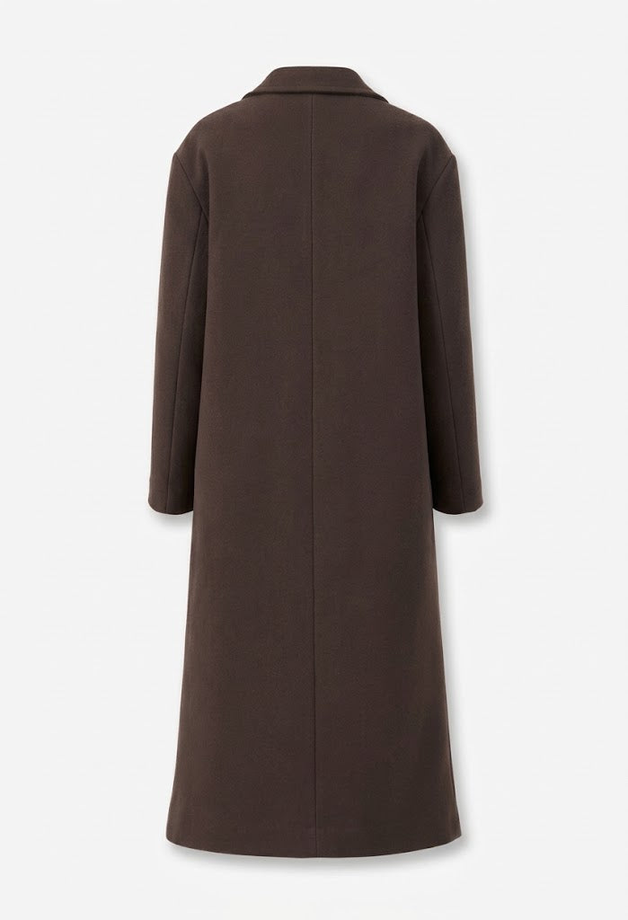 Dámský oversized dlouhý dvouřadý kabát - volnější plášť s klopami a zadním rozparkem do práce i do města