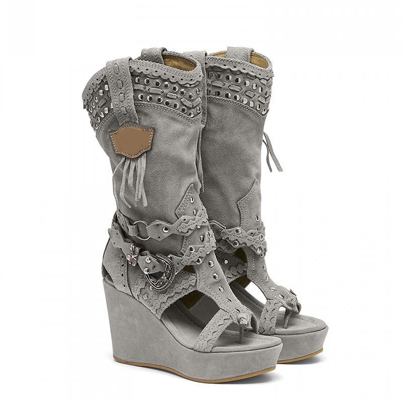 Women’s Western Knee-High Wedge Boots – Studded Cut-Out Open-Toe Cowboy Boots with Platform Heel for Festivals and Statement Wear