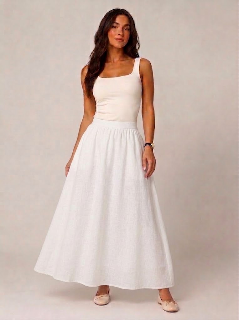 Women’s Linen-Blend A-Line Maxi Skirt – High-Waisted Gathered Design with Cotton Lining for Summer and Holiday Wear