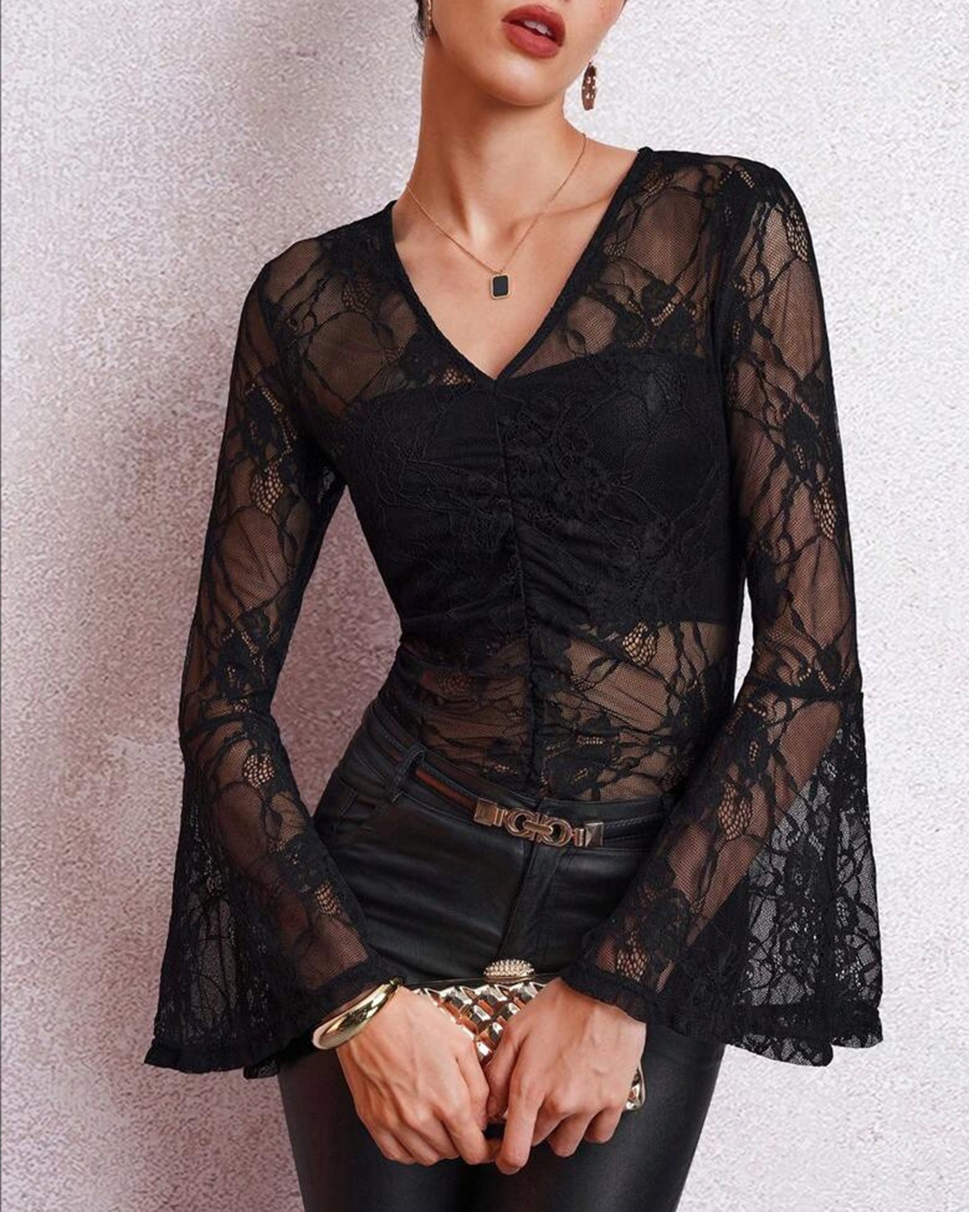 Women’s Sheer Lace Bell Sleeve V-Neck Party Blouse