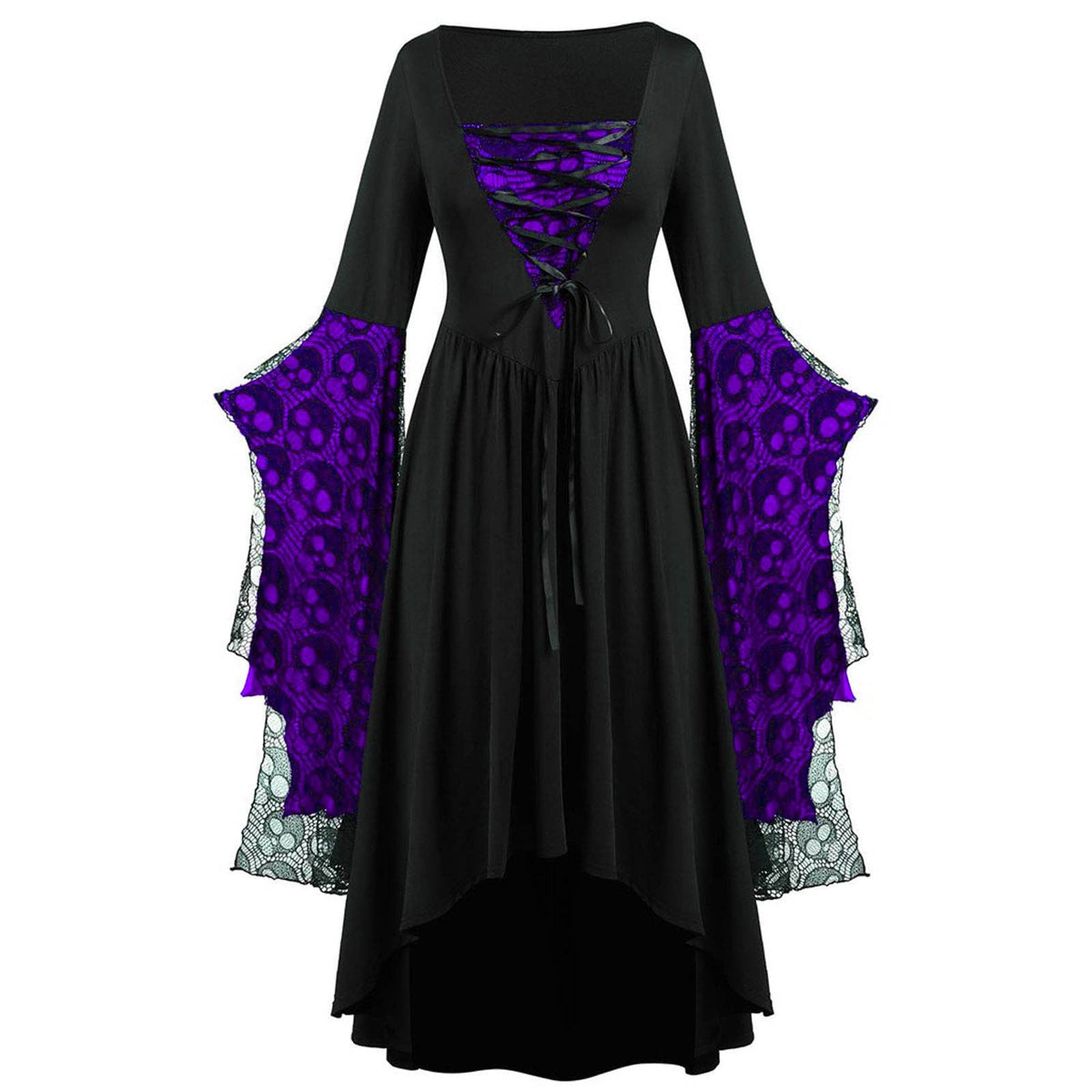 Maxi-jurk met kanten mouwen en verschillende zoomlengtes voor dames - avondjurk met vierkante hals en veterdetail voor themafeesten en speciale gelegenheden