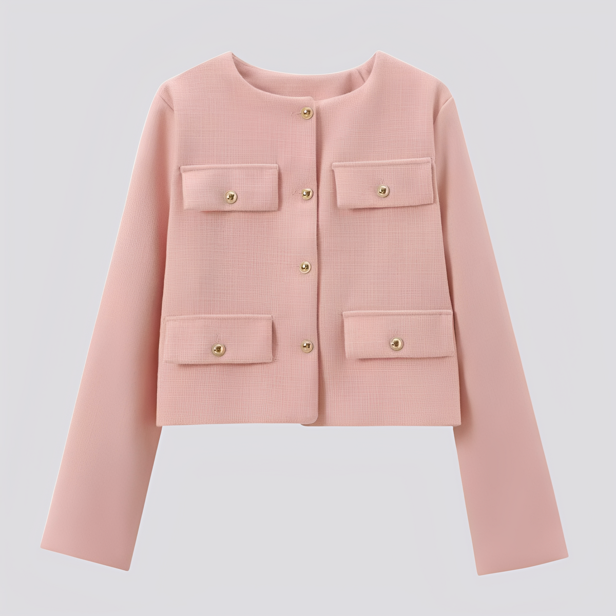 Kort damesjasje zonder kraag met decoratieve knopen en klepzakken - elegante getailleerde laag voor nette casual outfits