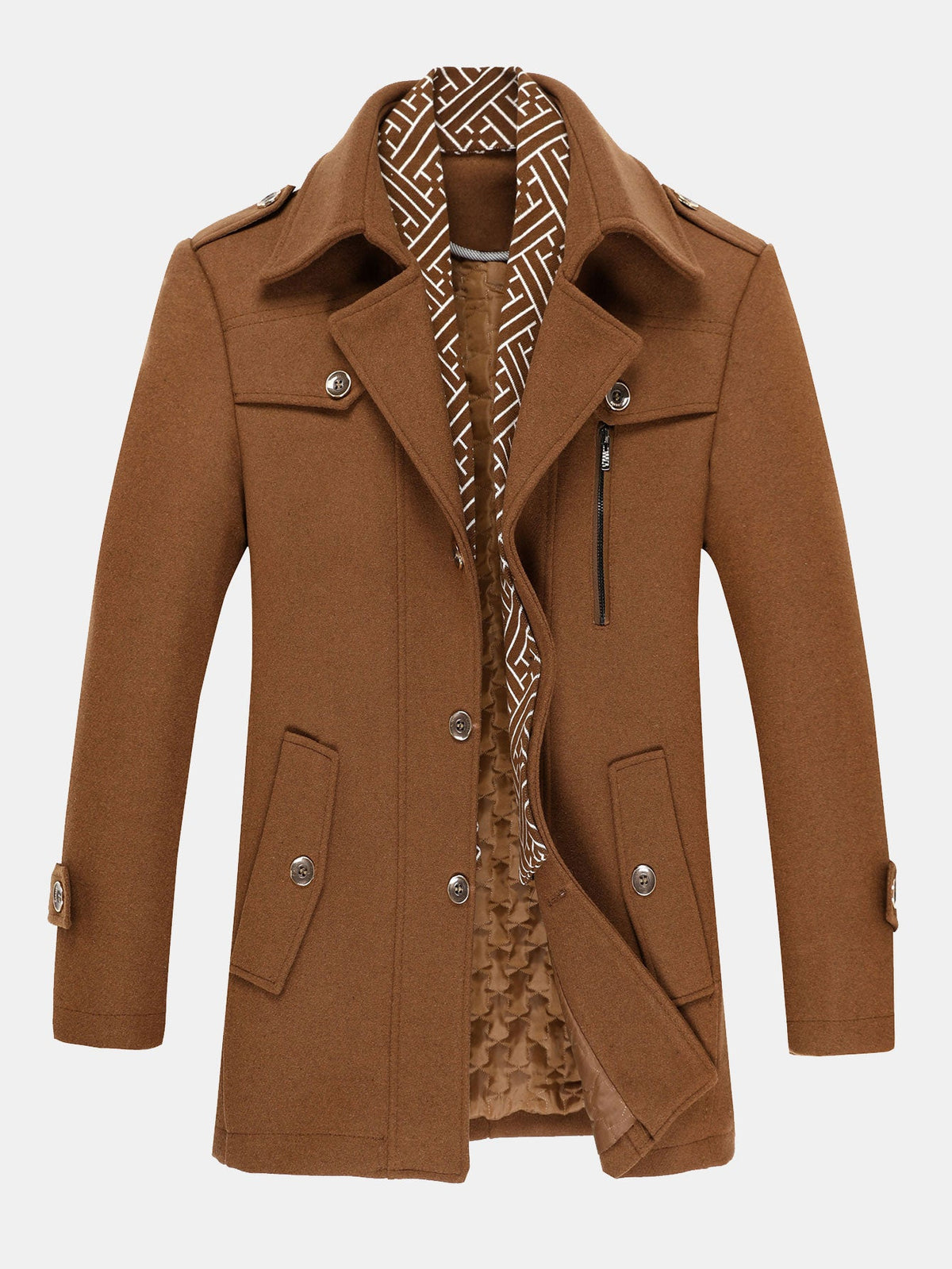 Abrigo acolchado de mezcla de lana para hombre con cuello de bufanda desmontable - Abrigo de invierno entallado de doble capa para vestir elegante e informal