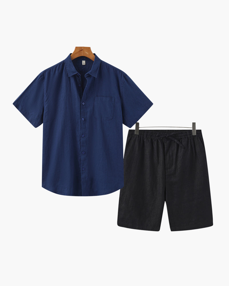 Set relaxat de vară pentru bărbați, cămașă și pantaloni scurți din in