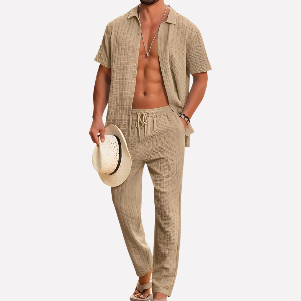 Set de vară pentru bărbați, cămașă texturată și pantaloni lejeri