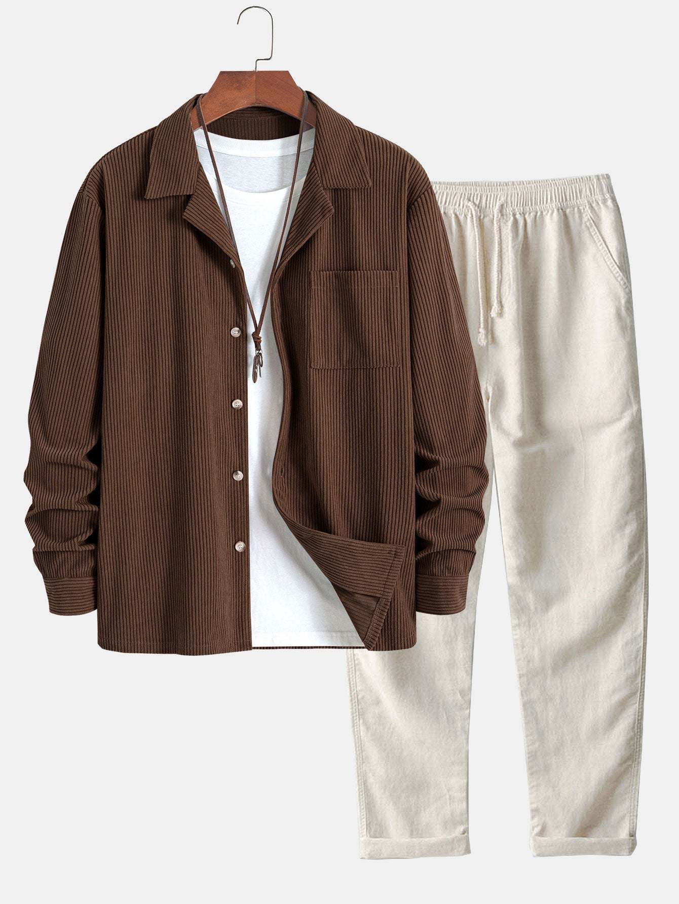 Men’s Corduroy Cuban Collar Shirt and Linen Blend Trousers – Relaxed Transitional Outfit