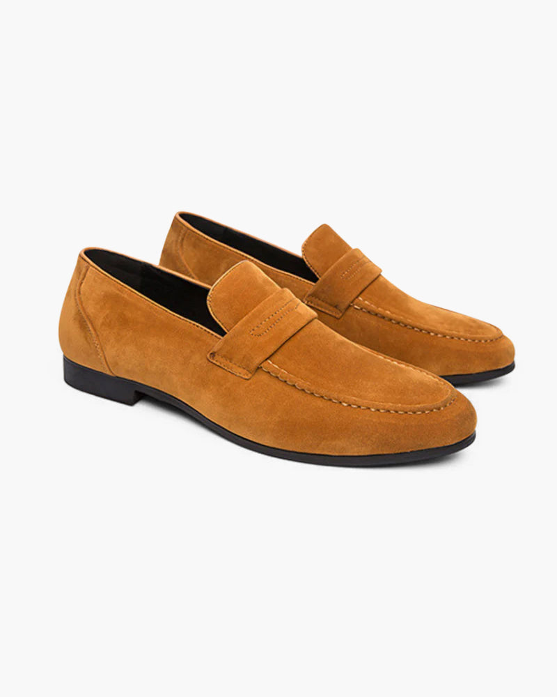 Męskie zamszowe mokasyny typu penny loafers, eleganckie buty wizytowe o niskim profilu