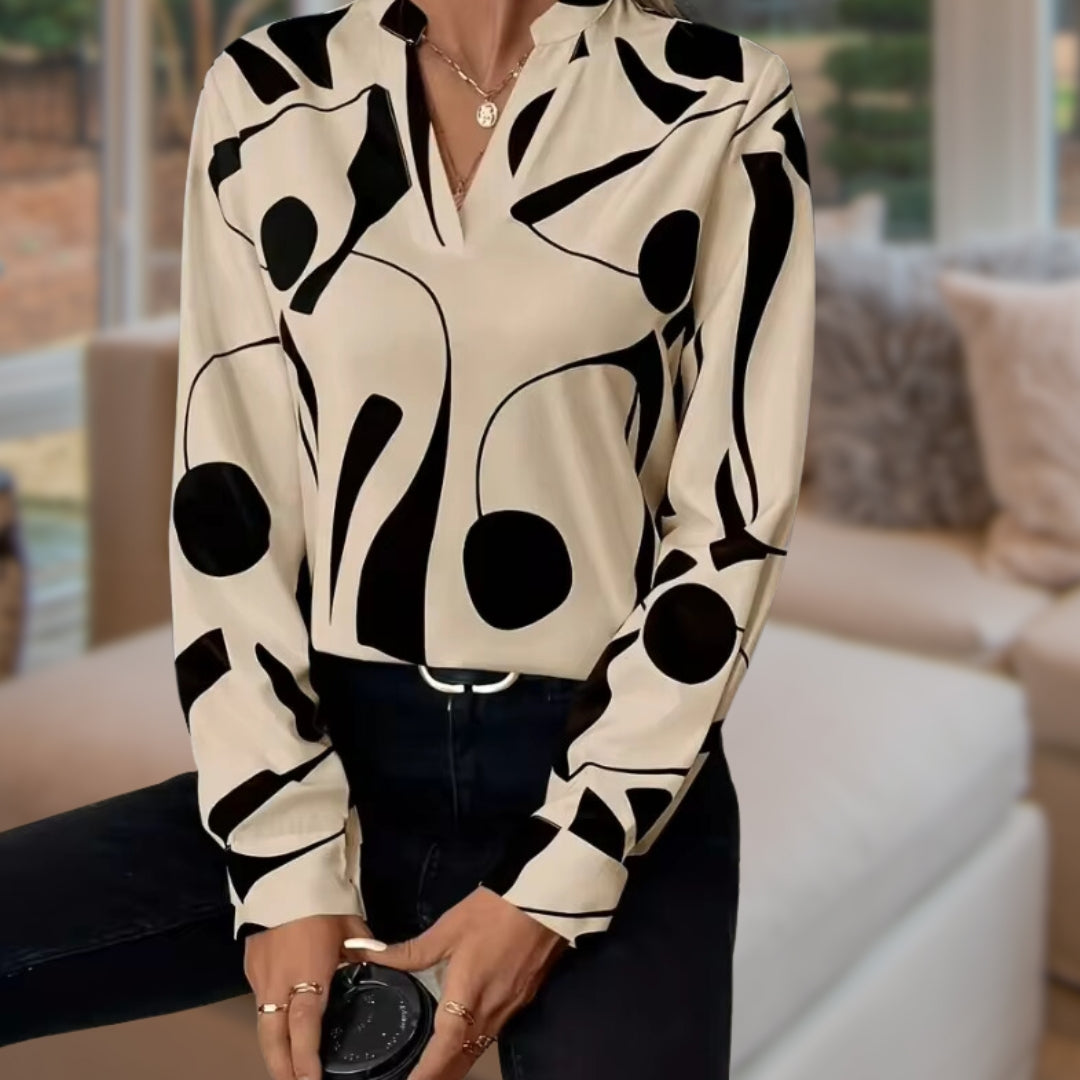 Blouse pour femme à imprimé abstrait, col en V – Coupe décontractée à manches longues pour une tenue chic et décontractée