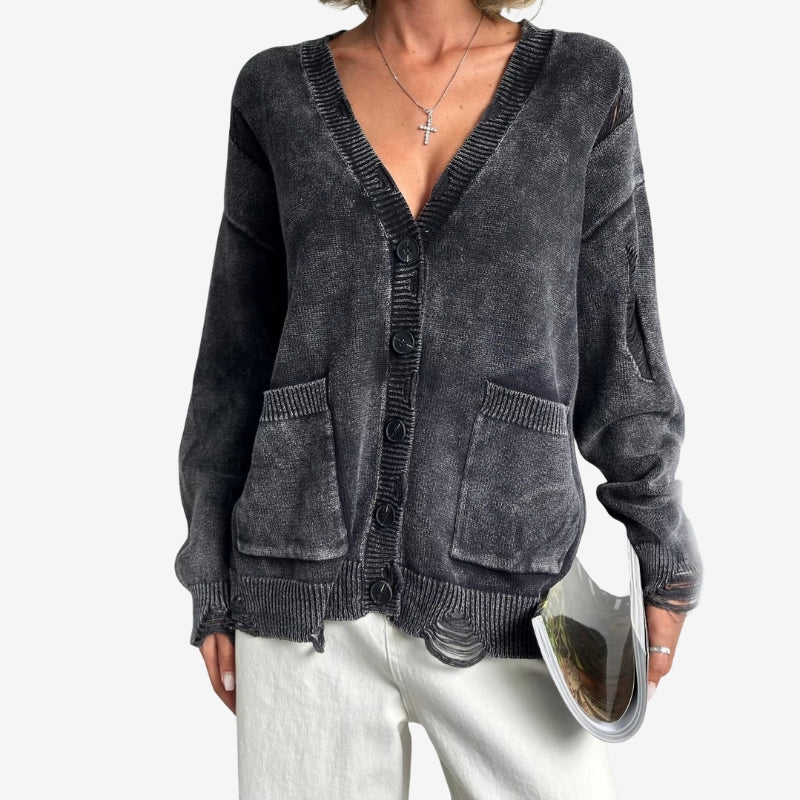 Damesvest van vintage gewassen, distressed breisel met zakken - losvallend vest met lange mouwen, V-hals en knoopsluiting voor casual laagjeslooks in de herfst en lente