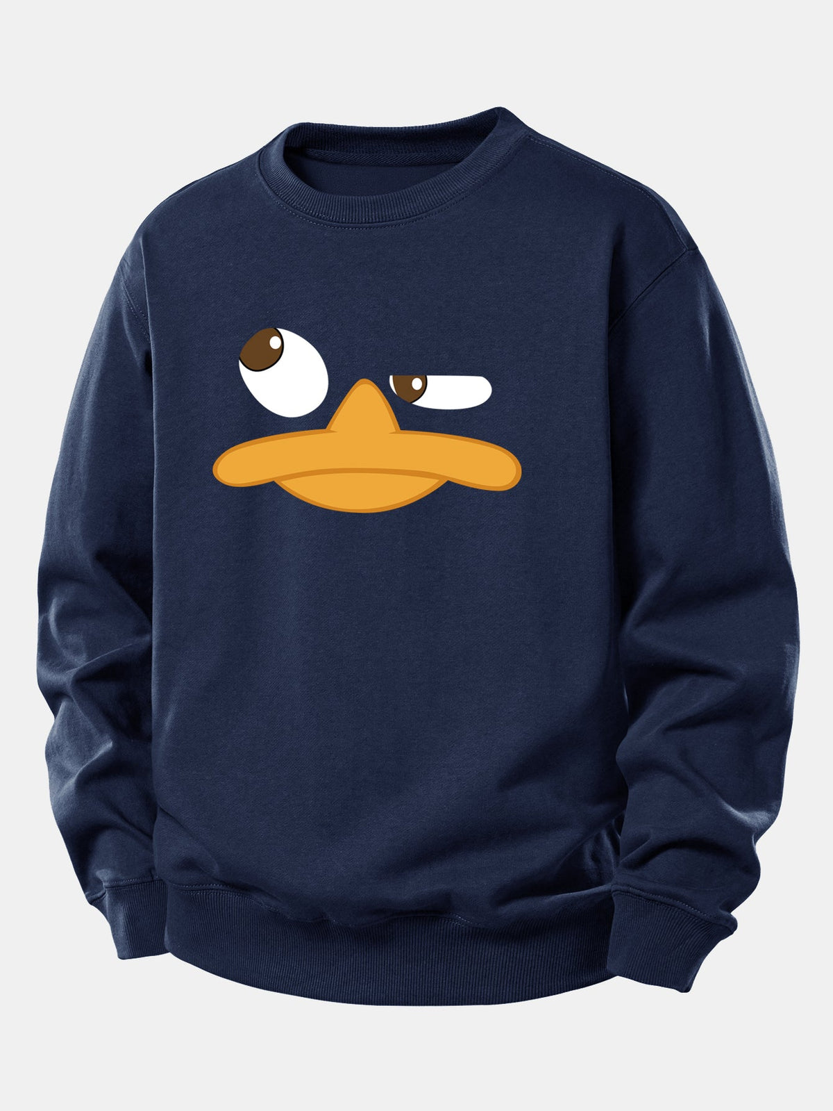 Sweatshirt masculino com estampa gráfica de pato de desenho animado – Corte descontraído, mistura de algodão, gola redonda, estilo casual urbano
