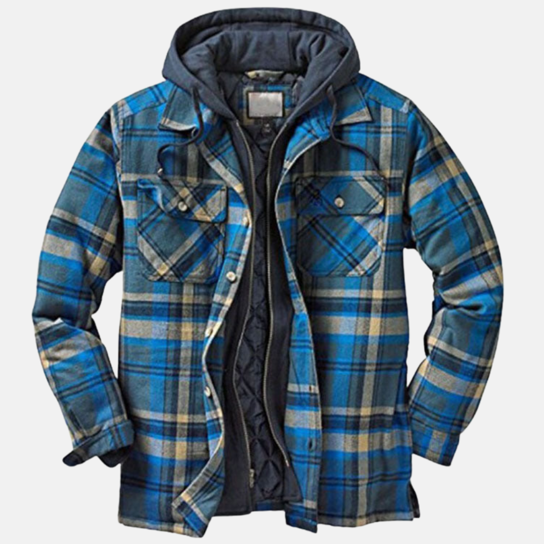 Men’s Warm Hooded Overshirt Jacket – Printed Quilted Layer for Outdoor Wear