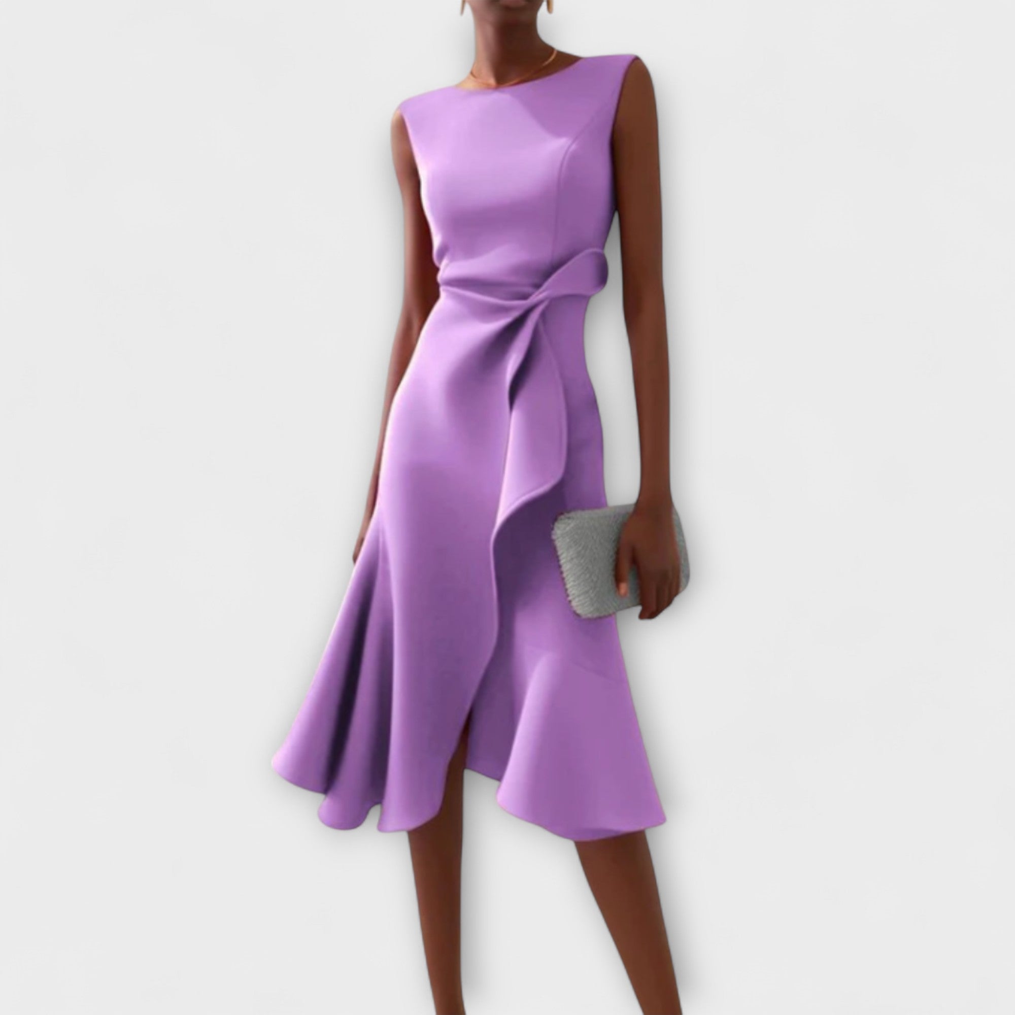 Abito midi senza maniche da donna, stile serale asimmetrico drappeggiato