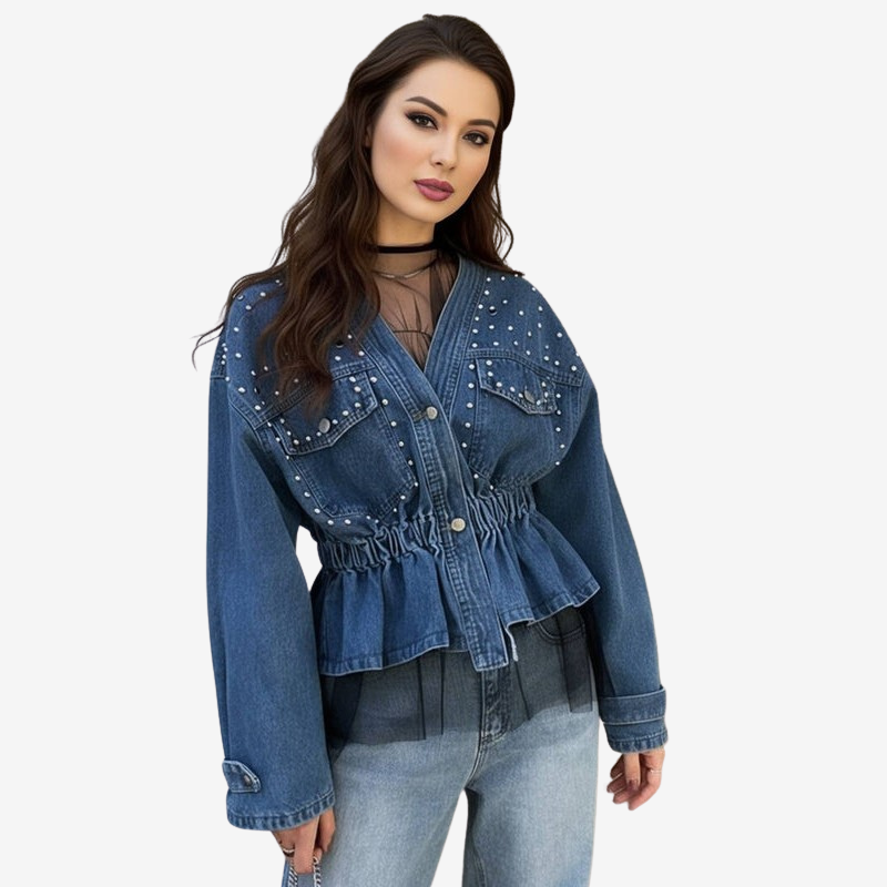 Damesjas van denim met studs, knoopsluiting aan de voorkant en peplummodel met gerimpelde taille – Elegante casual jas voor lente en herfst