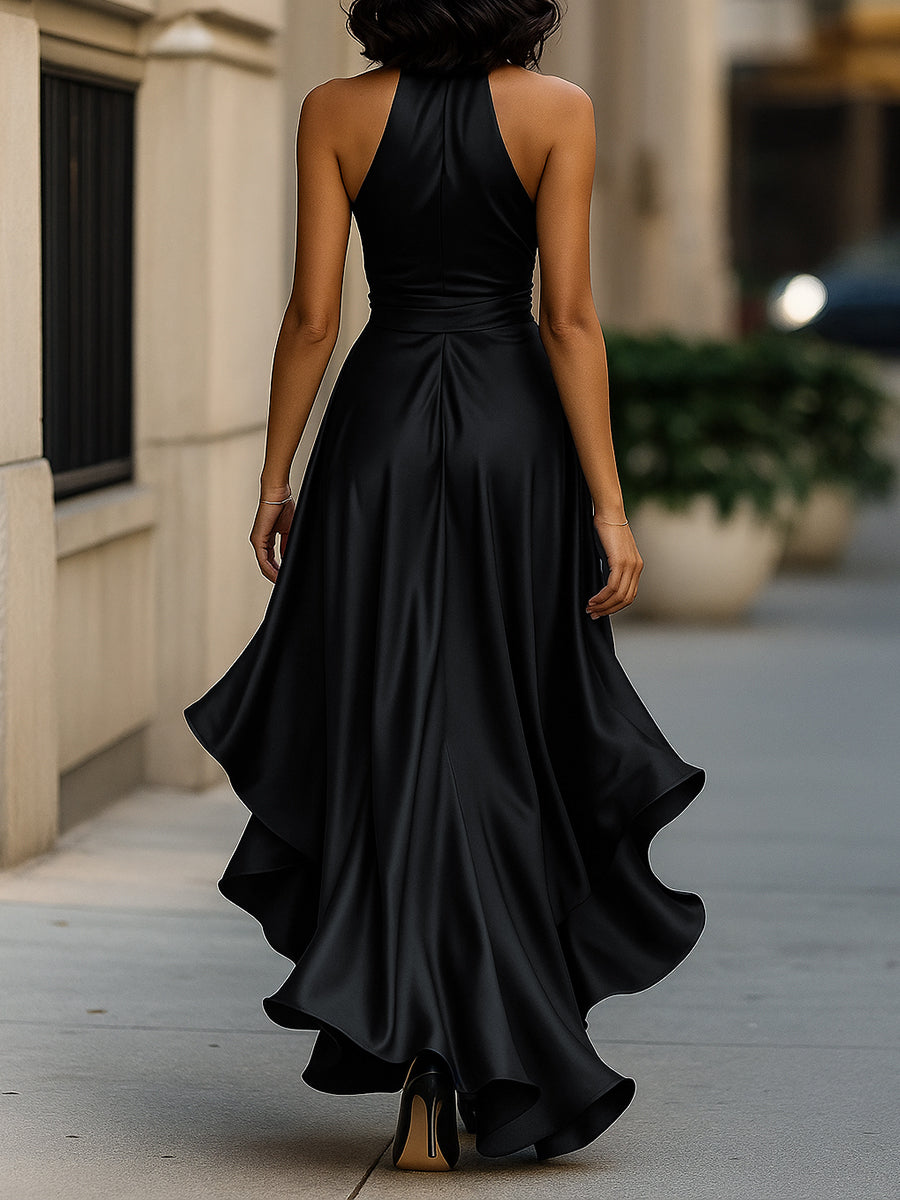 Women’s Satin Halter Evening Dress – Ruched High-Low Maxi Gown with Draped Waist for Weddings Galas and Formal Events