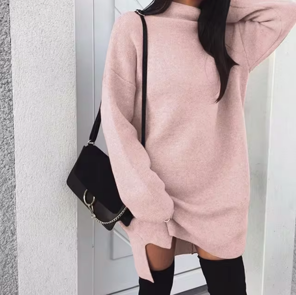Robe-pull en laine et cachemire pour femme, avec col montant et fentes latérales – Style mini ample en maille pour une tenue douillette en automne et en hiver