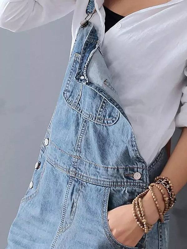 Vestido Maxi Pinafore de Ganga Desgastada para Mulher com Bolsos
