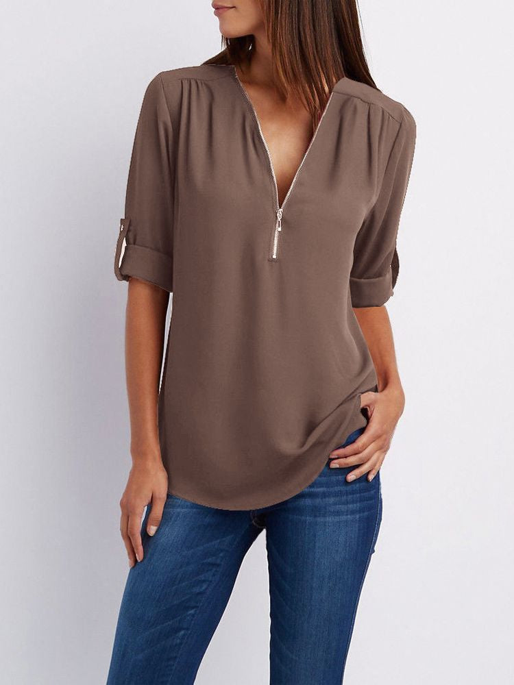 Women’s Zip-Neck Relaxed Blouse – Roll-Tab Sleeve Style for Everyday Wear