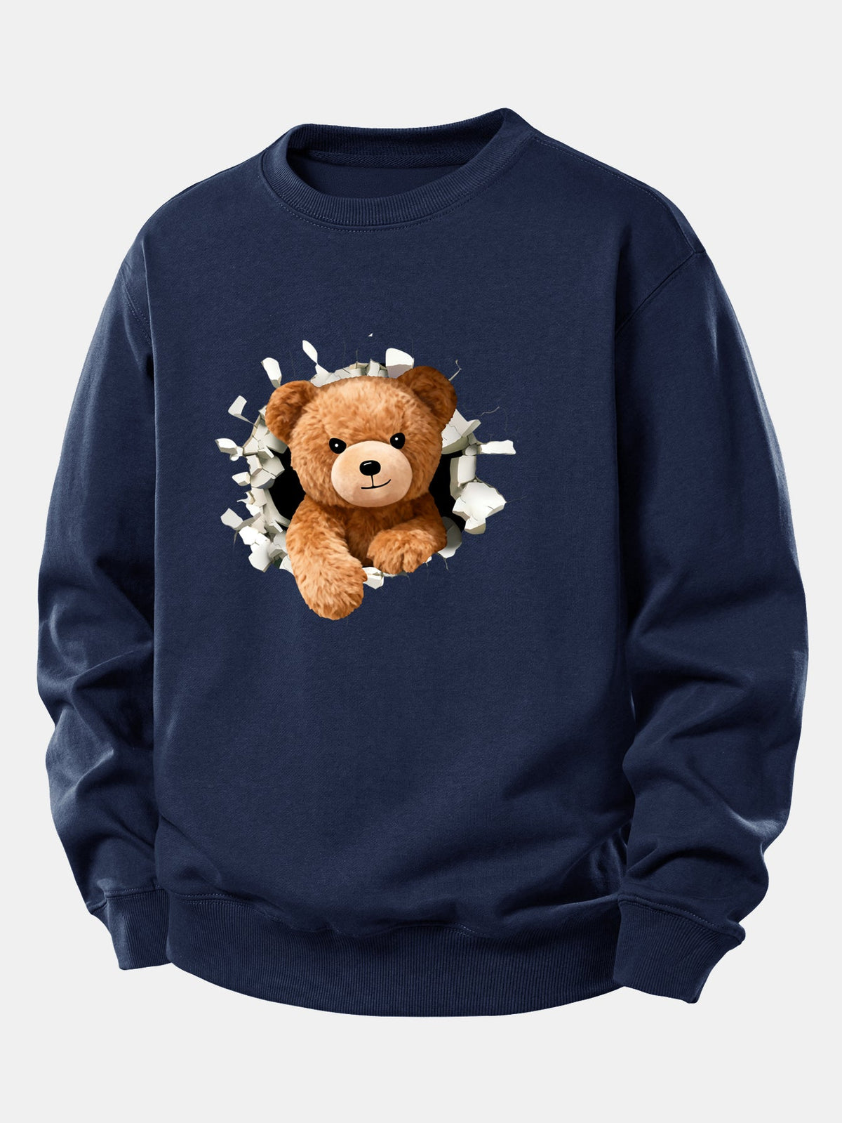Sweatshirt til mænd med bamse, der bryder gennem en mur – afslappet pasform, bomuldsblanding, rund hals og legende grafik til afslappet streetwear