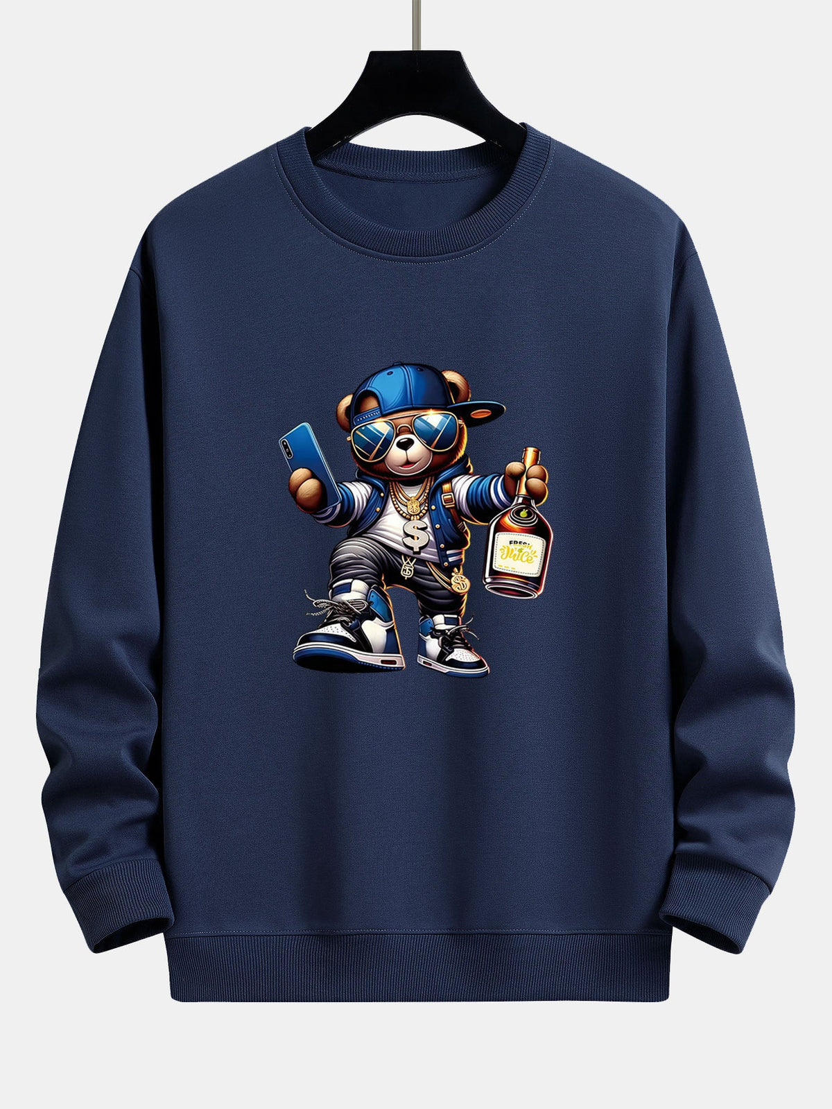 Bluză bărbătească hip-hop cu grafică de ursuleț - croială lejeră, bluză streetwear din amestec de bumbac, cu guler rotund, pentru ținutele de zi cu zi