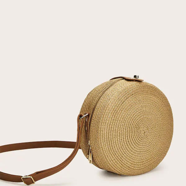 Women’s Woven Straw Crossbody Bag – Round Summer Shoulder Purse with Adjustable Long Strap