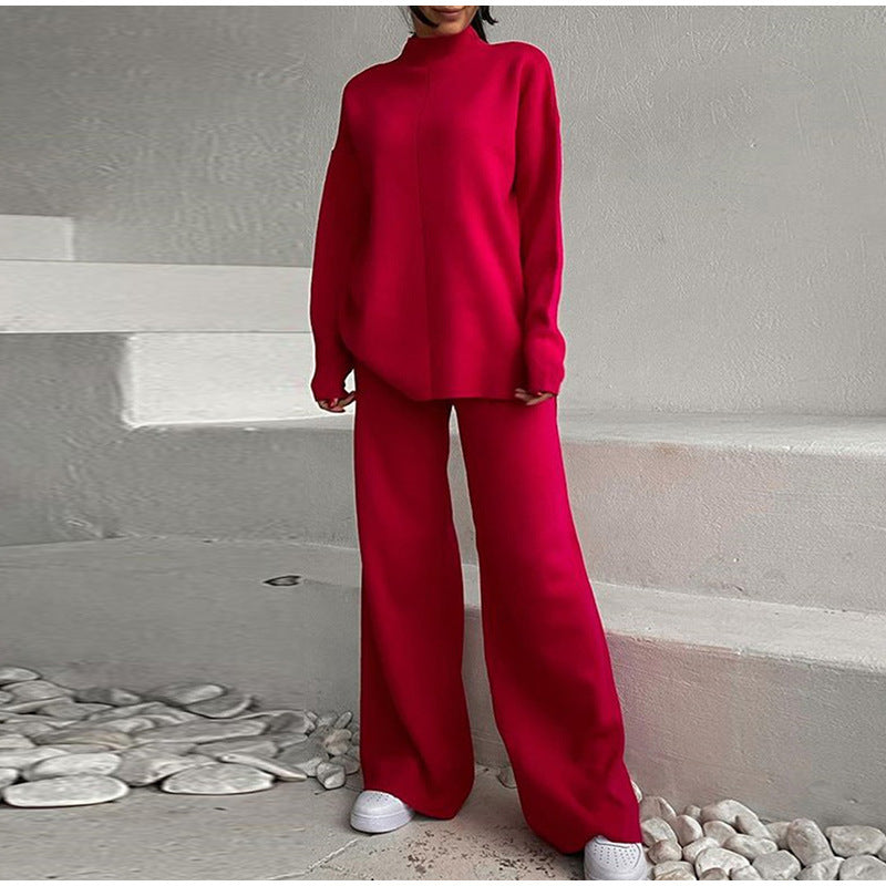 Dameszachte gebreide tweedelige loungewearset – Ontspannen coltrui en wijde broek voor herfst en winter