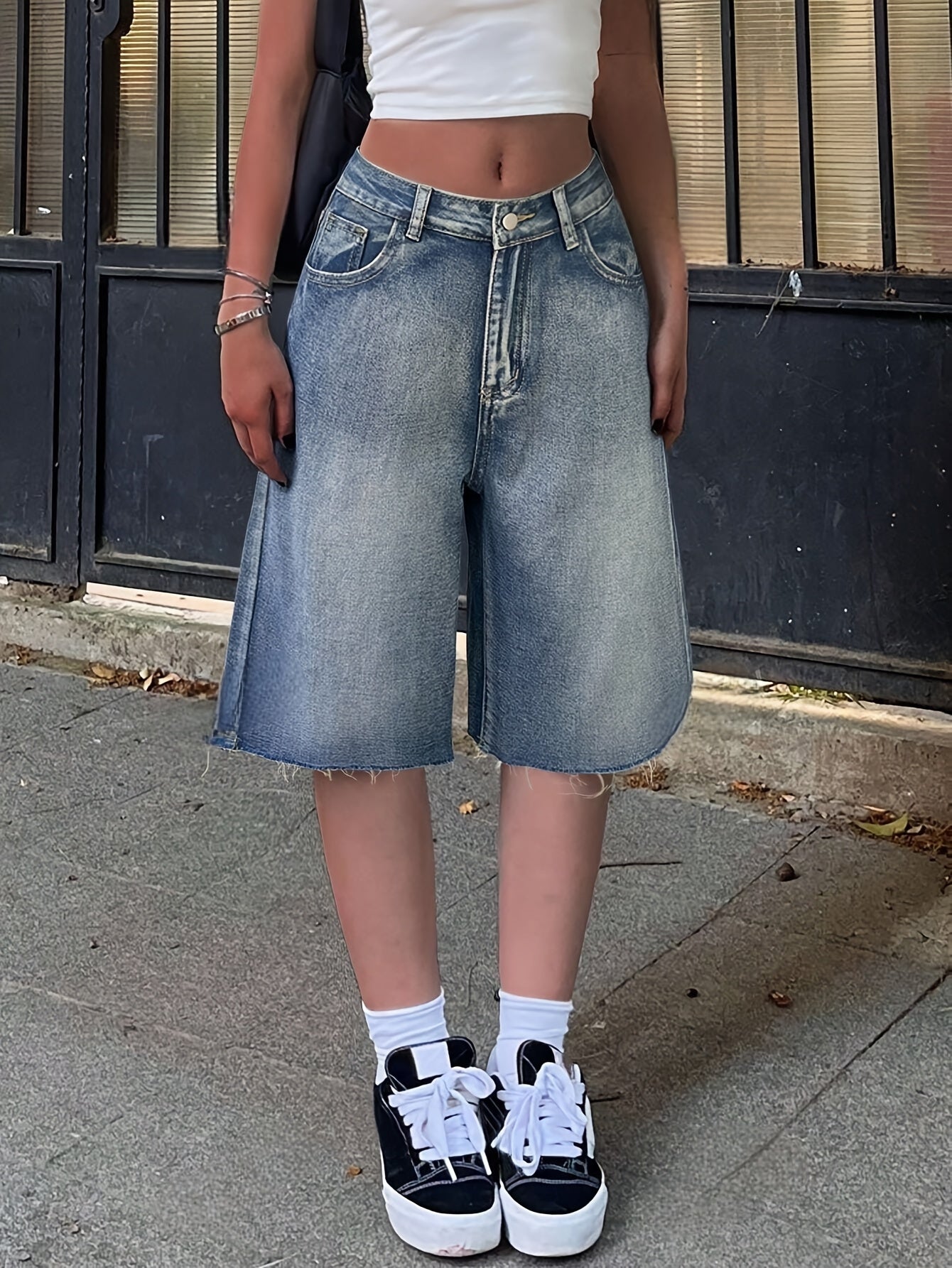 Dame Denim Jorts Løs Pasform Høj Talje Vide Ben Knælange Casual Shorts