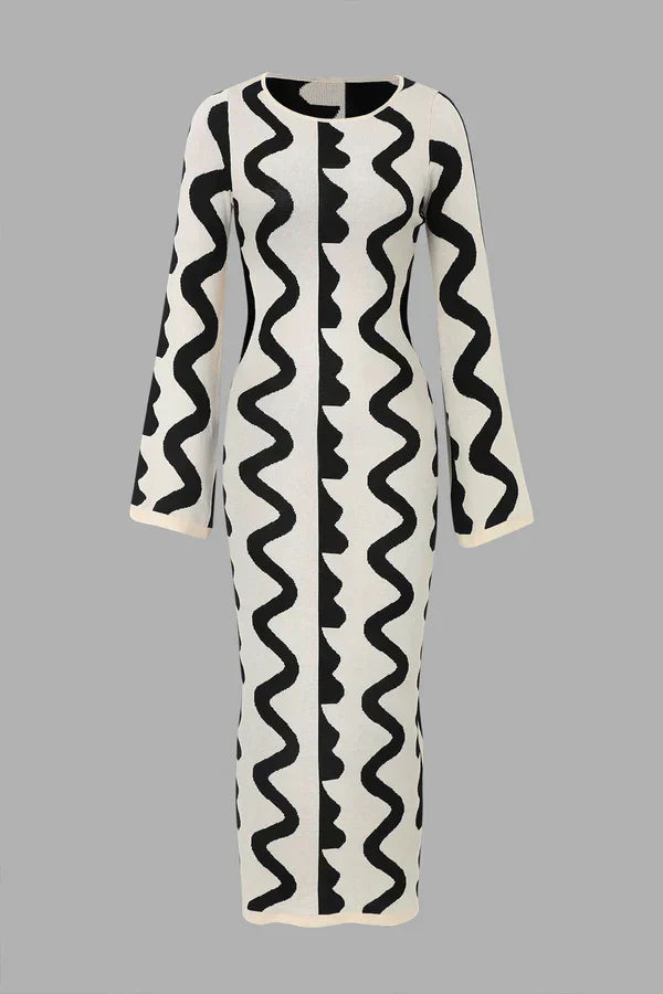 Elegant Wave Pattern Knitted Dress for Women – Stylish Spring Outfit Soft Comfortable Fabric- Balck White Colour- Feminine Modern Design