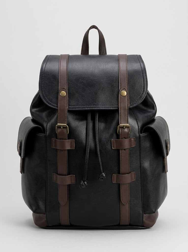 Sac à dos unisexe vintage en similicuir – Sac de voyage à cordon avec sangles à rabat et poches latérales