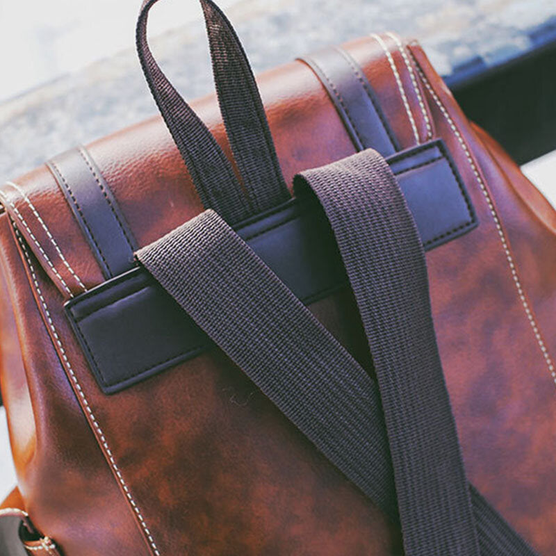 Sac à dos unisexe vintage en similicuir – Sac de voyage à cordon avec sangles à rabat et poches latérales