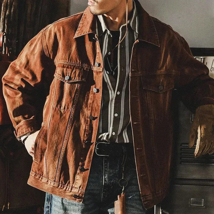 Vintage-Jeansjacke mit Waschung für Herren – Lässige Trucker-Jacke mit aufgesetzten Brusttaschen mit Patte und Used-Finish