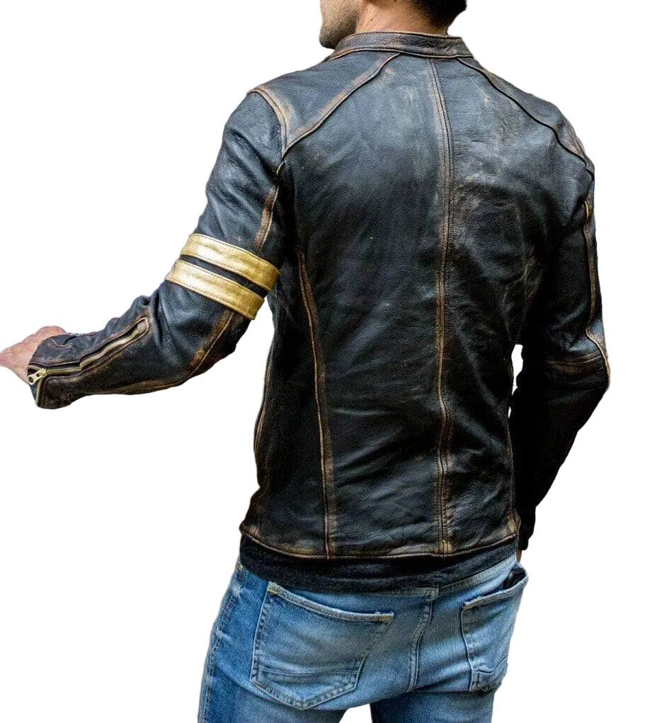 Ανδρικό biker μπουφάν από γνήσιο distressed δέρμα - vintage σχέδιο μοτοσικλέτας με φερμουάρ, όρθιο γιακά, τρέσα σε αντίθεση και τσέπες με φερμουάρ για φθινοπωρινό streetwear, σαββατοκύριακα, βραδινές εξόδους, ταξίδια και καθημερινές urban εμφανίσεις