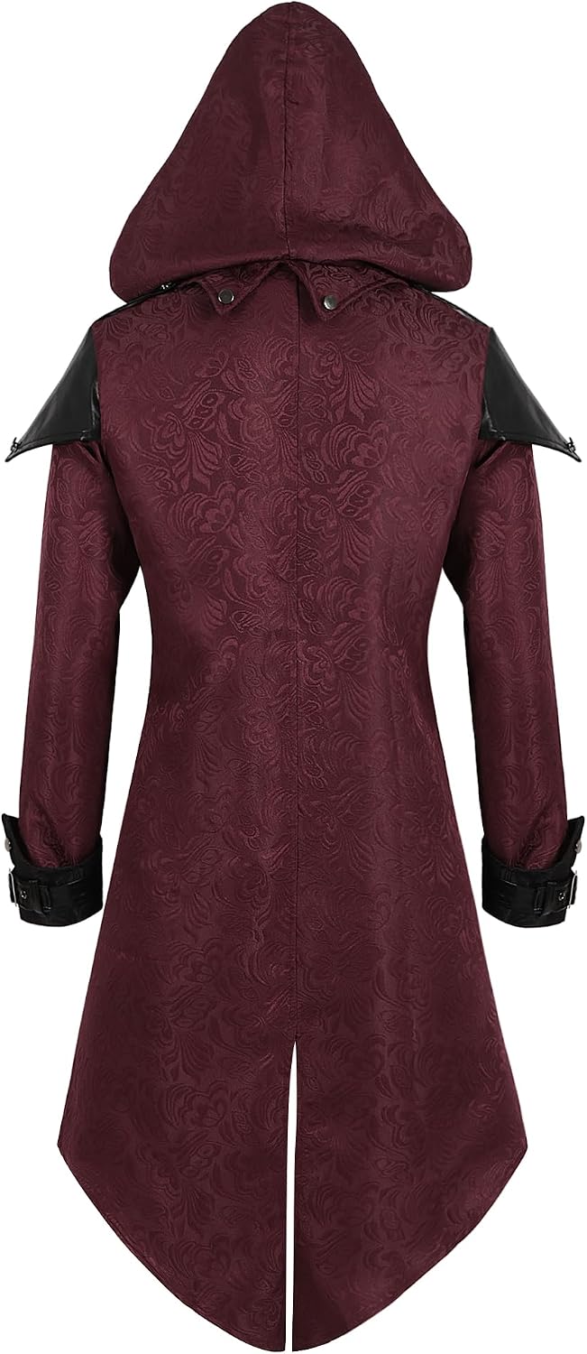 Men’s Hooded Gothic Steampunk Tailcoat with Buckle Details – Long Victorian-Inspired Coat for Halloween and Themed Events