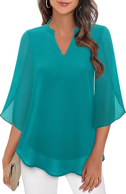 Blouse femme à encolure fendue et manches volantées transparentes – Coupe décontractée à superposer, pour le travail et les soirées