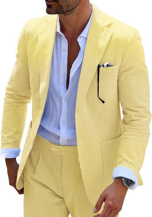 Men’s Seersucker Suit Set – Lightweight Slim Tailoring for Summer Weddings and Formal Events