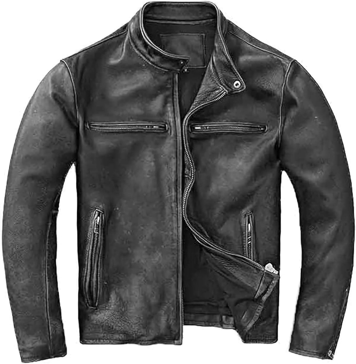 Ανδρικό biker μπουφάν μοτοσικλέτας από distressed γνήσιο δέρμα - vintage racer σχέδιο με φερμουάρ, κουμπωτό όρθιο γιακά και πολλαπλές πρακτικές τσέπες για φθινοπωρινό streetwear, σαββατοκύριακα, ταξίδια και καθημερινές urban εμφανίσεις