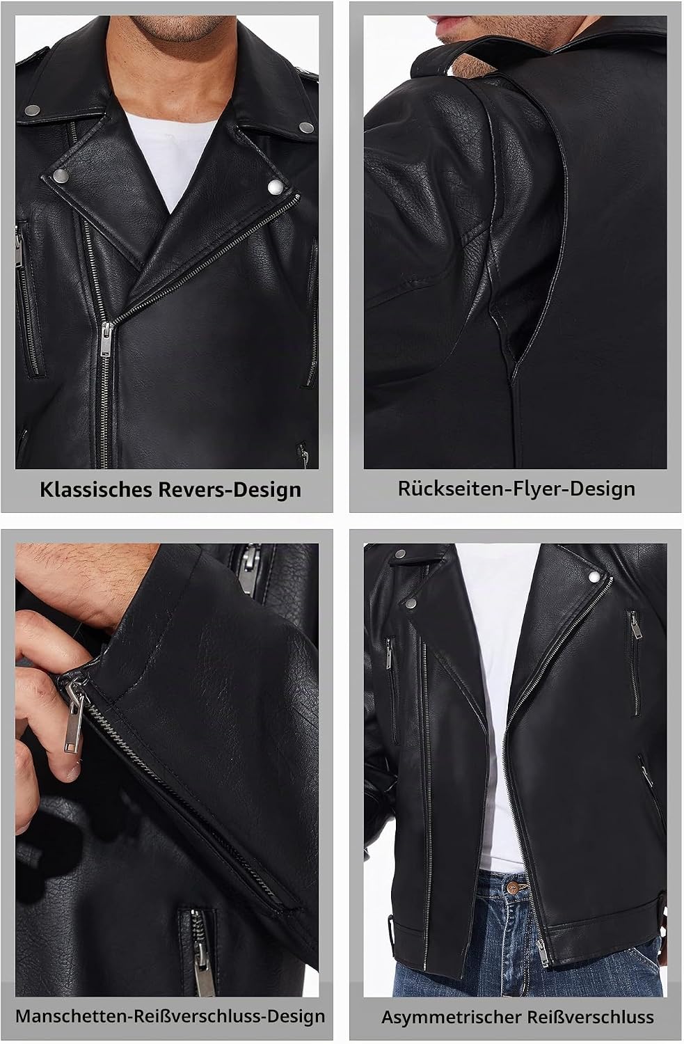 Men’s Asymmetric Faux-Leather Biker Jacket – Classic Lapel Zip-Up Motorcycle Layer with Multi-Zip Pockets and Shoulder Epaulettes for Autumn Streetwear Weekend Travel Evening Outings and Everyday City Styling