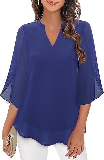 Blouse femme à encolure fendue et manches volantées transparentes – Coupe décontractée à superposer, pour le travail et les soirées