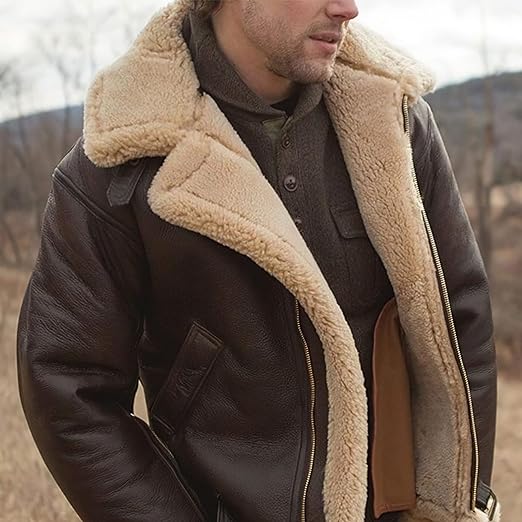 Men’s Sherpa-Lined Faux Leather Aviator Jacket – Warm Winter Layer for Casual Wear