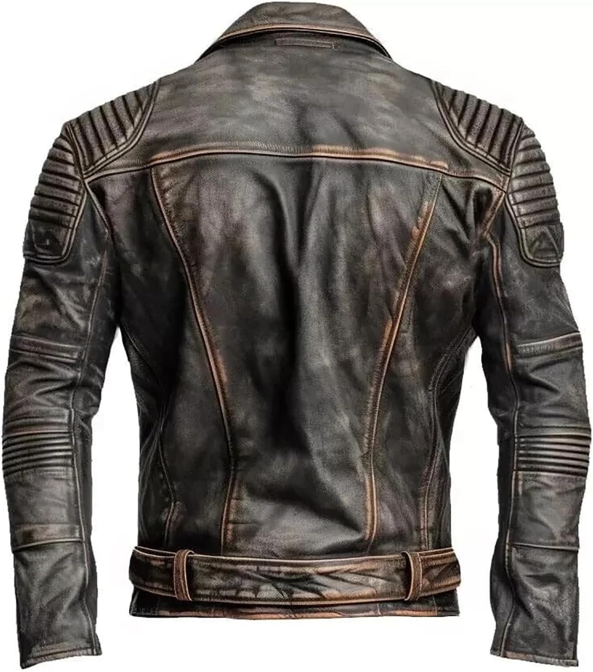 Ανδρικό distressed δερμάτινο moto μπουφάν - biker σχέδιο με ασύμμετρο πέτο, ζώνη και καπιτονέ πάνελ στους ώμους για φθινοπωρινό streetwear, σαββατοκύριακα, ταξίδια, βραδινές εξόδους και καθημερινές urban εμφανίσεις