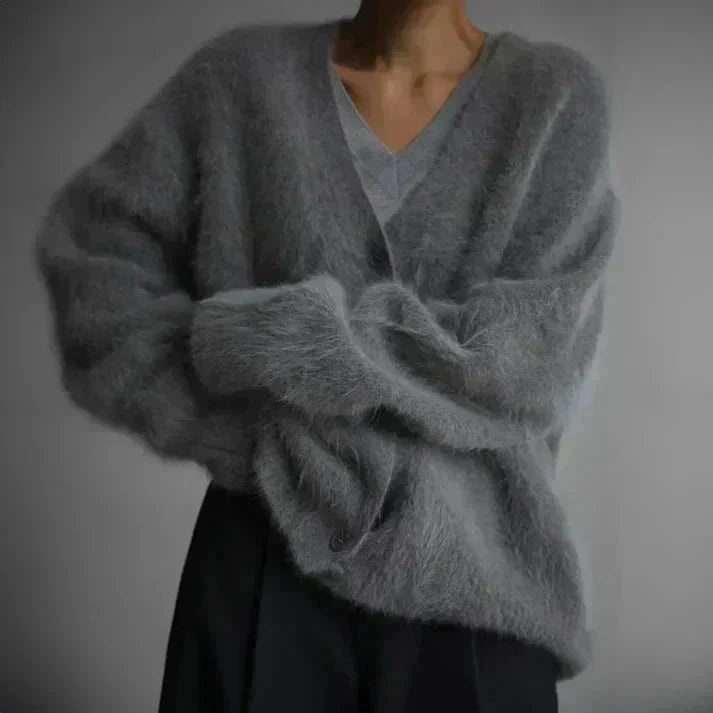 Cárdigan mullido de cuello en V para mujer – Tejido suave de corte relajado con botones para otoño e invierno