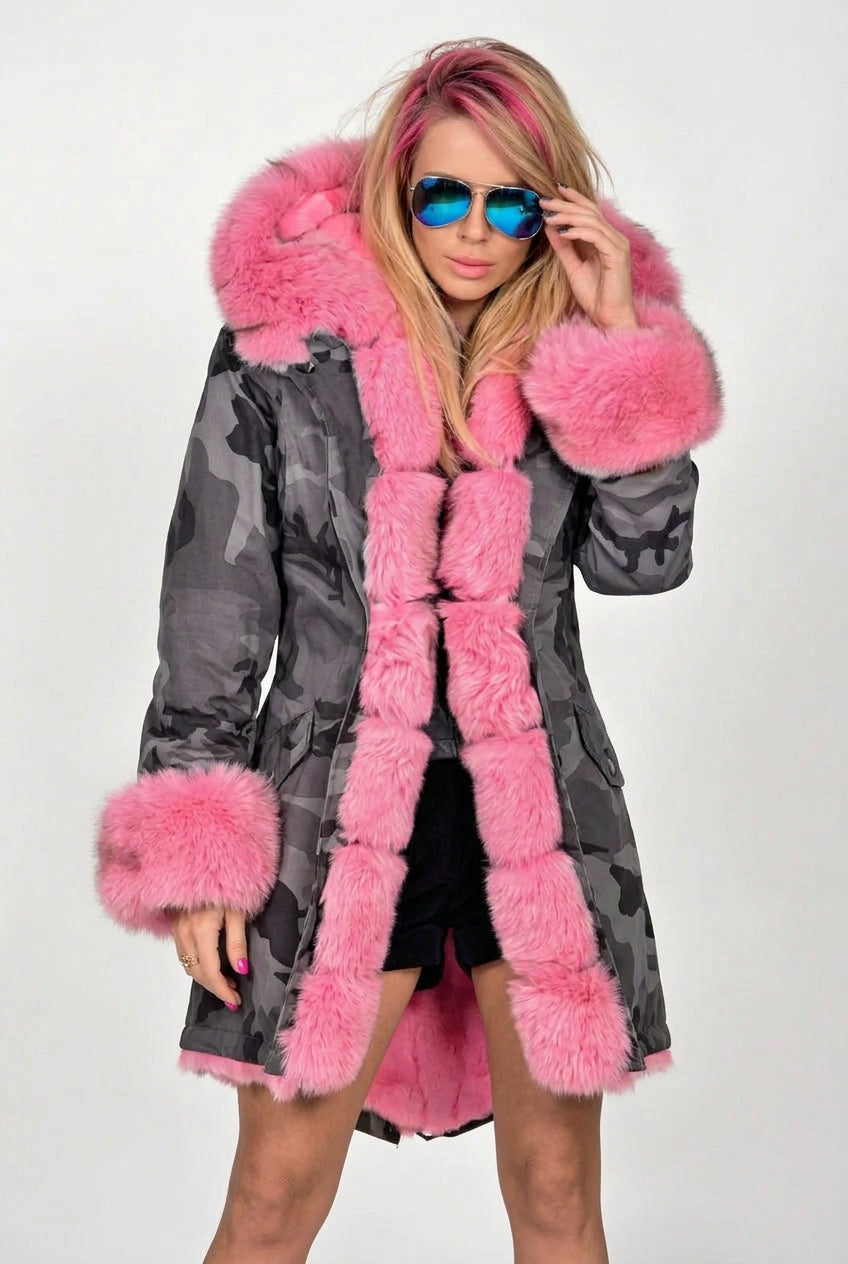 Women’s Longline Camouflage Parka with Oversized Faux Fur Hood and Cuffs – Warm Lined Winter Coat with Statement Front Trim