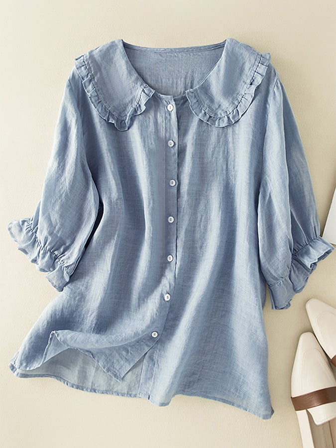 Women’s Relaxed Summer Shirt – Button-Front Blouse with Ruffled Collar and Cuffs