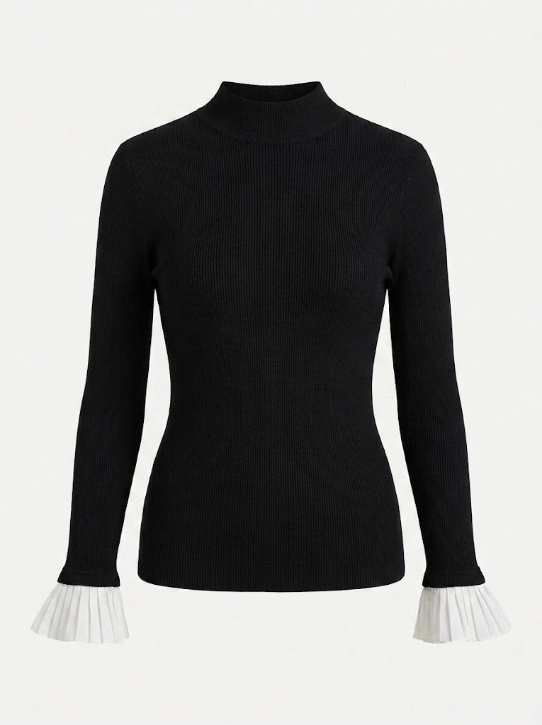 Women’s Fitted Mock Neck Top – Structured Shoulder Long-Sleeve Smart Casual Style