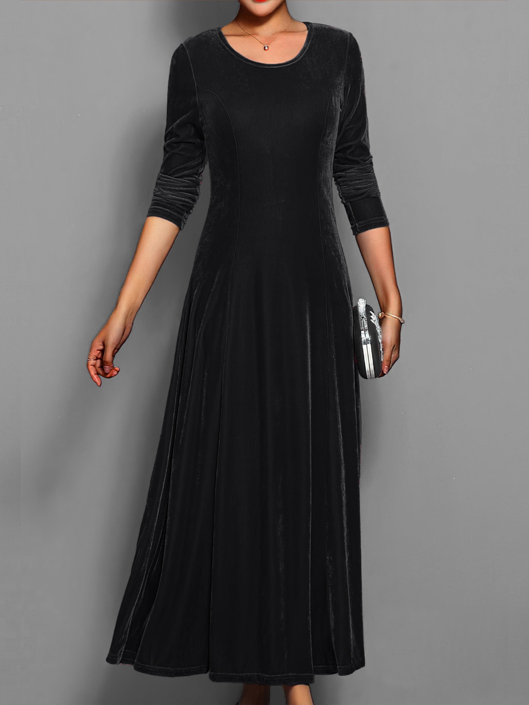 Robe longue en velours pour femme – robe ajustée et évasée à manches longues pour événements formels